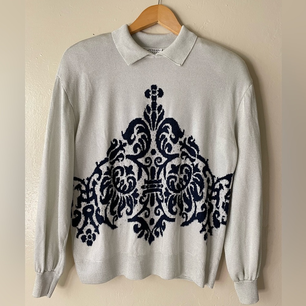 ST.John Knit Rhinestone Embellished Long Sleeve collar pullover sweater